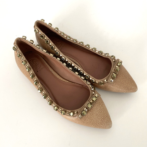 TORY BURCH Ballet Flat Crystal Embellished Point Toe Beige Tan Bow Jewel 6.5 - Picture 2 of 8